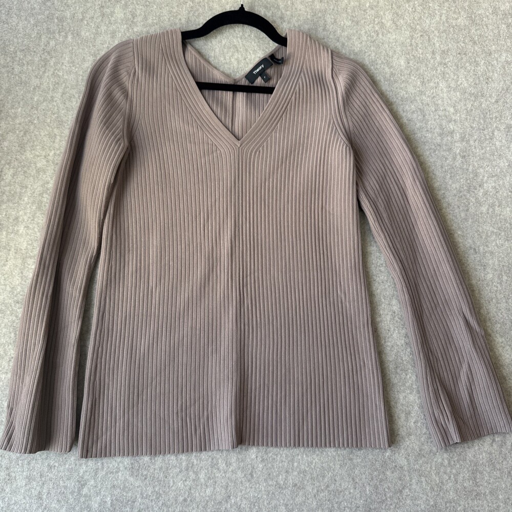 Theory Lustrate Pleated Rib Pullover Womens S V Neck Taupe Long Sleeve
